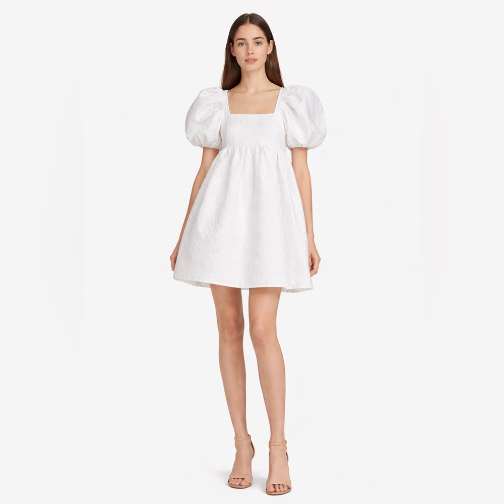 White Structured Puff Sleeve Mini Dress Square Neck Open Back Adjustable Medium